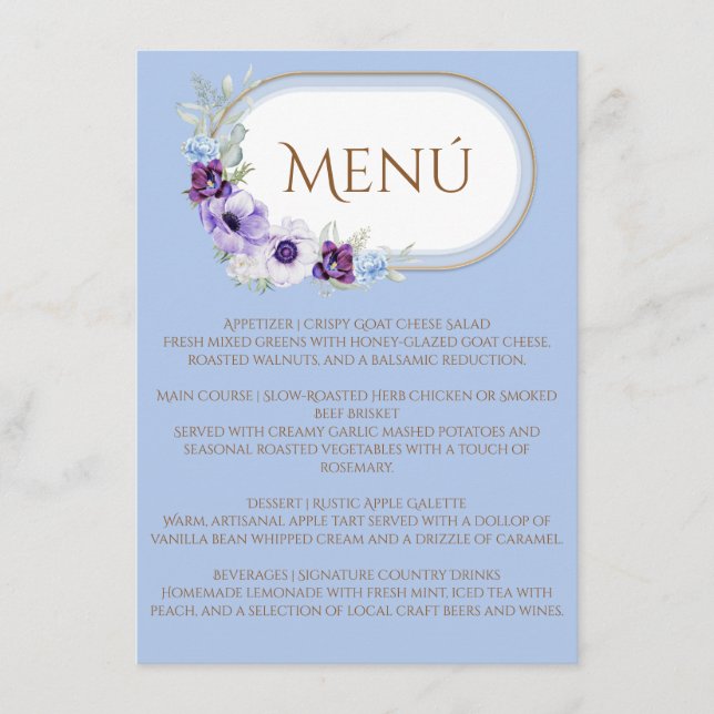 Menú Lilac and Violet Floral Blue Oval Gold (Anverso)