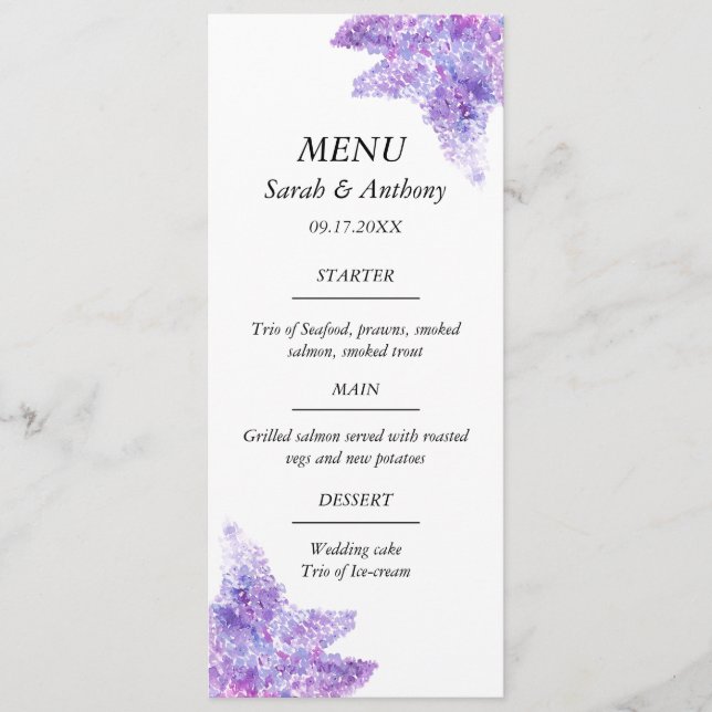 Menú Lilac Purple Floral Watercolor Wedding Food  (Anverso)