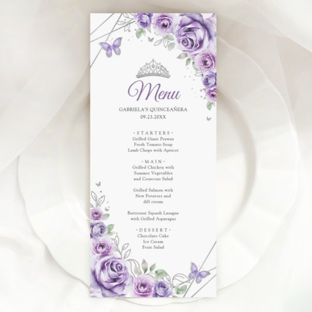 Menú Lilac Púrpura Floral Quinceañera Plata (Subido por el creador)