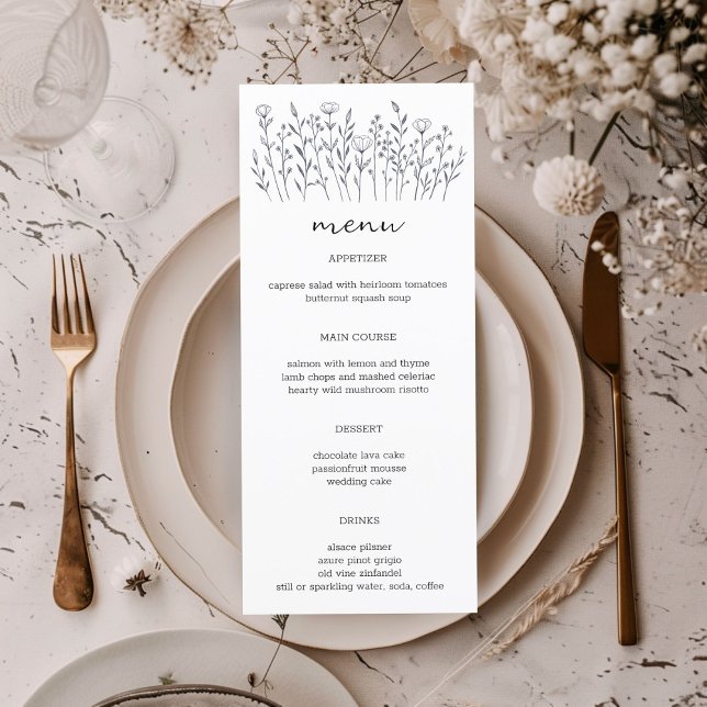 Menú Línea de flores silvestres Art Elegante Moda PERSO (Wildflowers Line Art Elegant Chic Modern CUSTOM Wedding Engagement Menu
)