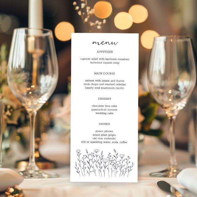 Menú Línea de flores silvestres Art Elegante Moda PERSO (Wildflowers Line Art Elegant Chic Modern CUSTOM Wedding Engagement Bridal Menu
)