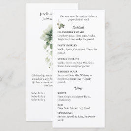 Menú Lista de cócteles y vinos de boda florales en verd