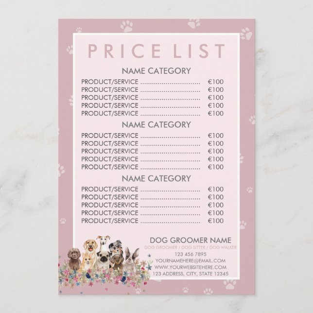 Menú Lista de precios rosados de Dog Groomer (Anverso)