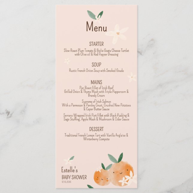 Menú Little Cutie Naranja Citrus Botanus Baby Shower (Anverso)
