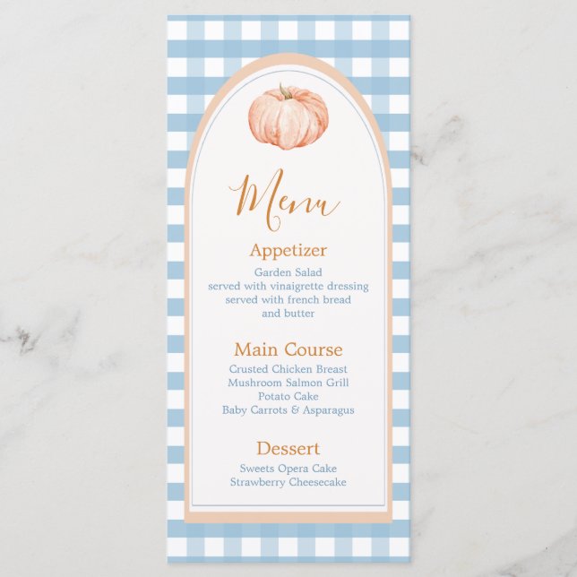Menú Little Pumpkin Boho Blue Gingham Birday (Anverso)