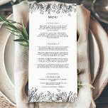 Menú Llanura Boda de verde blanco y negro<br><div class="desc">El diseño de este menú plano Boda de verde blanco y negro ofrece una combinación clásica de tipografía minimalista simple con una historia de color blanco y negro neutro y un paisaje de arte de líneas de moda. Los adornos de la silueta de hojas huecas están organizados artísticamente para crear...</div>