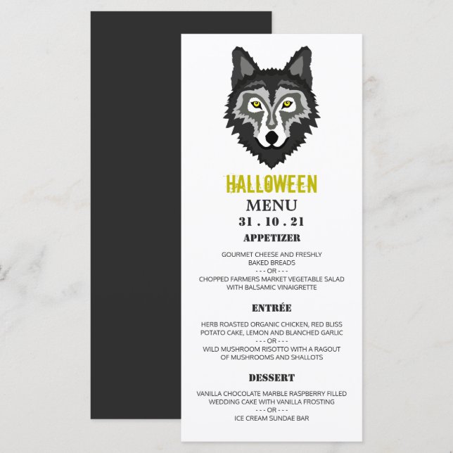 Menú Lobo gris, fiesta de Halloween (Anverso / Reverso)