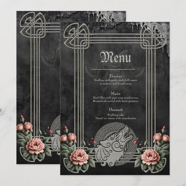 Menú Lobo vikingo y rosas. Una cabeza de lobo estilizad (Anverso / Reverso)