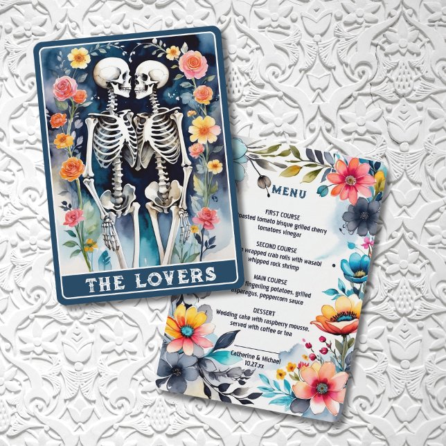 Menú Los amantes de Tarot Skeletons Boda gótico floral (Subido por el creador)