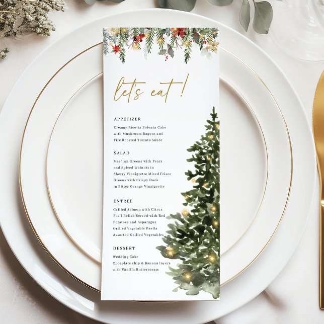 Menú Luces de árbol de Navidad Pino Boda de invierno Ce (Christmas wedding menu with pine tree art and winter greenery, elegant festive dinner stationery)