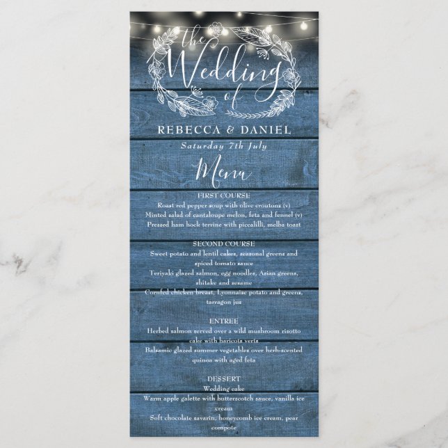 Menú Luces de Cadena Azules Bodas Florales de Madera Rú (Anverso)