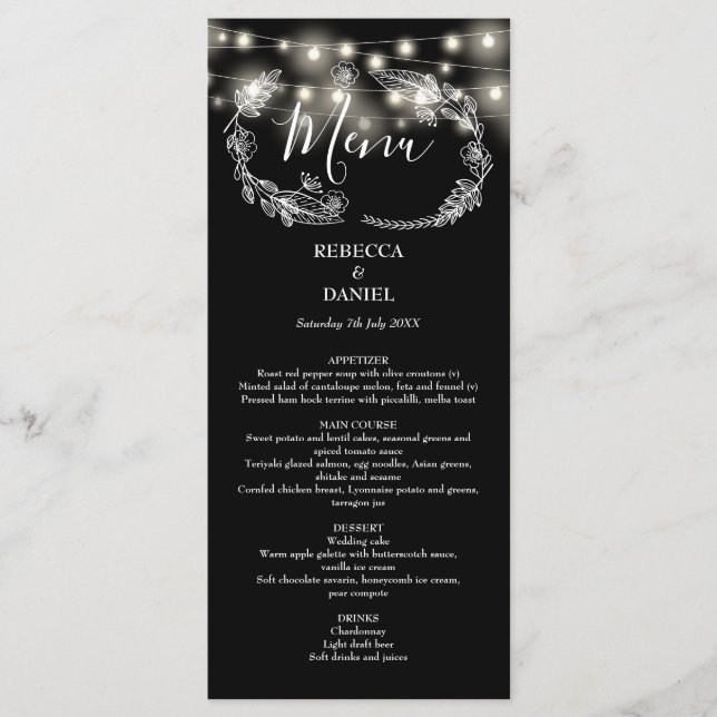 Menú Luces de Cadena Floral Boda en Blanco y Negro (Anverso)