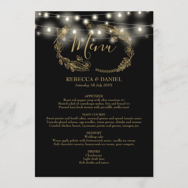 Menú Luces de Cadena Floral Negras y Doradas para Boda (Anverso)