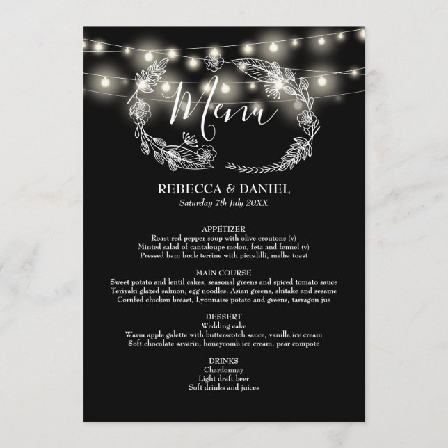 Menú Luces de Cadena Floral Negro y Blanco Boda (Anverso)