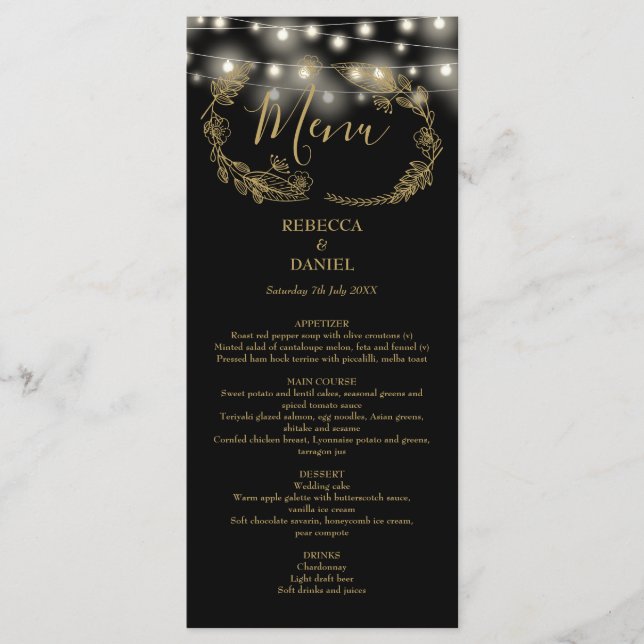 Menú Luces de Cadena Floral Negro y Dorado Boda (Anverso)