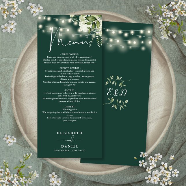 Menú Luces de Cadena Floral Verde Esmeralda para Bodas  (Emerald Green Floral String Lights Wedding Dinner Menu)