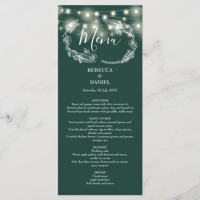Menú Luces de Cadena Florales Verde Esmeralda Boda (Anverso)
