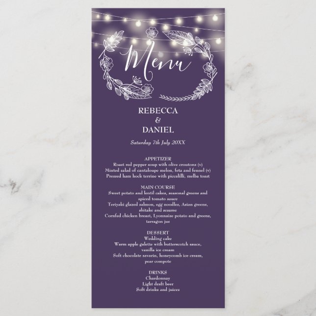 Menú Luces de Cuerda Elegantes Florales Morados Boda (Anverso)