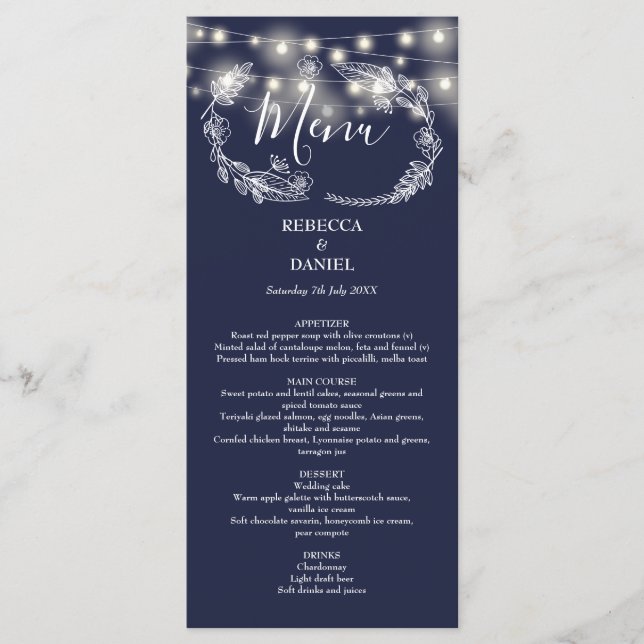 Menú Luces de Cuerda Floral Azul Marino Boda (Anverso)
