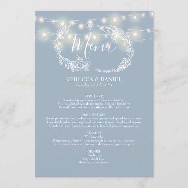 Menú Luces de Cuerda Floral Azul Polvoriento Boda (Anverso)