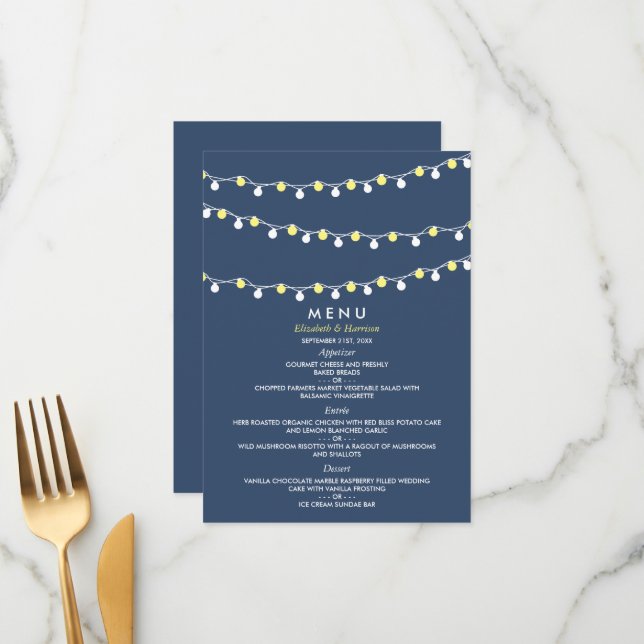 Menú Luces de cuerda modernas, Boda amarillo y blanco (Anverso/Reverso In Situ)