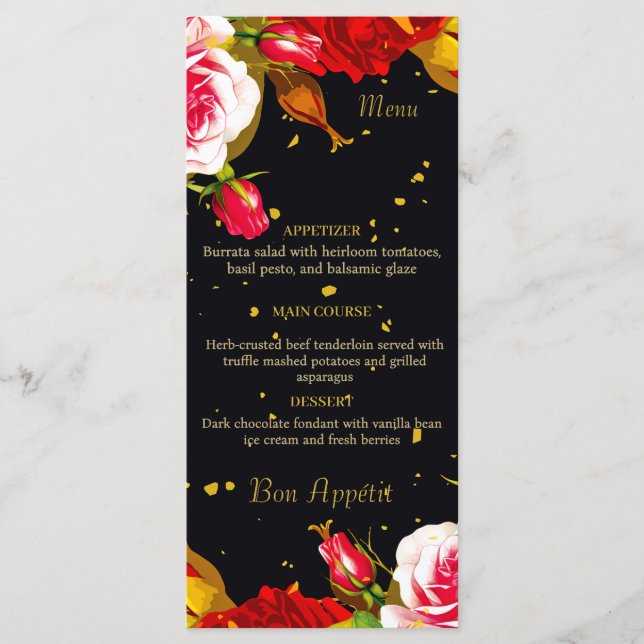 Menú Lugares de boda con hoja de oro floral negro elega (Anverso)