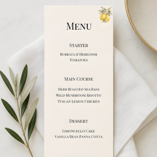Menú Lujo Mediterráneo Italiano Costero (Mediterranean themed wedding reception menu card)