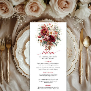 Menú Luminoso rojo profundo Borgoña floral boho boda
