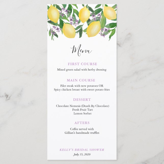 Menú Luncheon de moda Lemons Lavender Wedding Shower (Anverso)