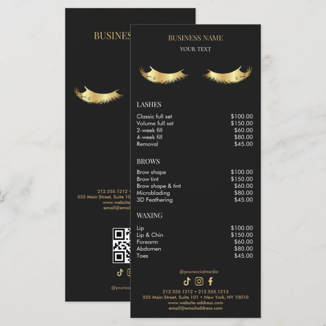 Menú Luxury Black and Gold Salon Price List (Anverso / Reverso)