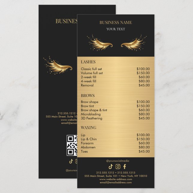 Menú Luxury Black and Gold Salon Price List (Anverso / Reverso)