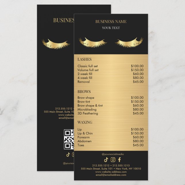 Menú Luxury Black and Gold Salon Price List (Anverso / Reverso)
