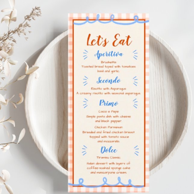 Menú Mano caprichosa de moda dibujó Naranja azul (That's Amore! Menu. Trendy Hand Drawn. Perfect for Wedding, Bridal Shower and Engagement Party.)