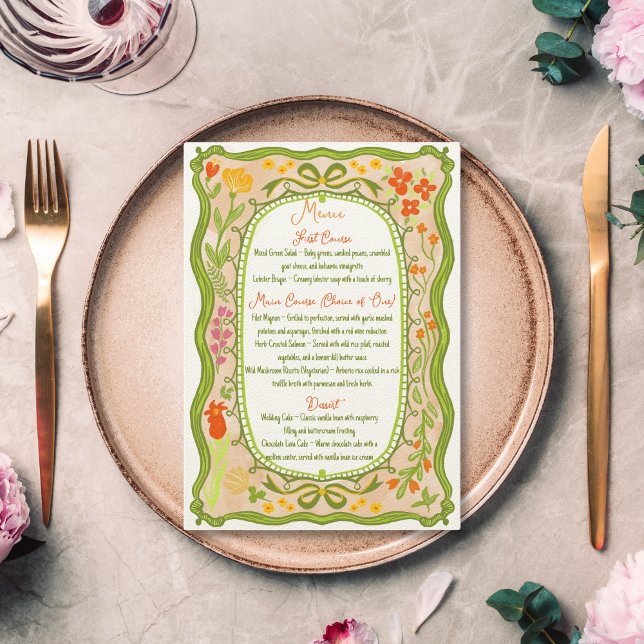 Menú Mano de garganta de garganta de flor original (quirky floral hand drawn colorful wedding menu)