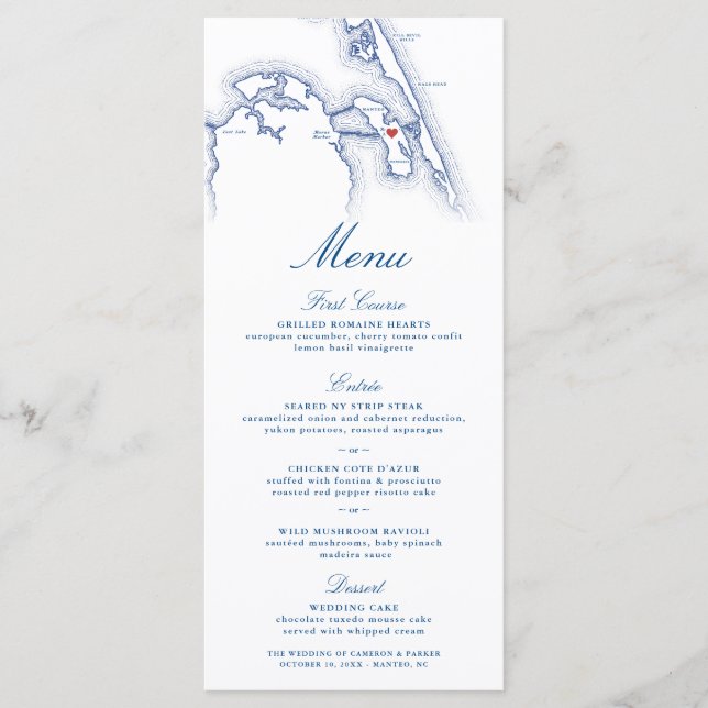 Menú Manteo Roanoke Mapa NC Elegante Boda azul de la Ma (Anverso)