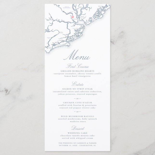 Menú Mapa de Charleston SC Boda Elegante Polvorienta Az (Anverso)