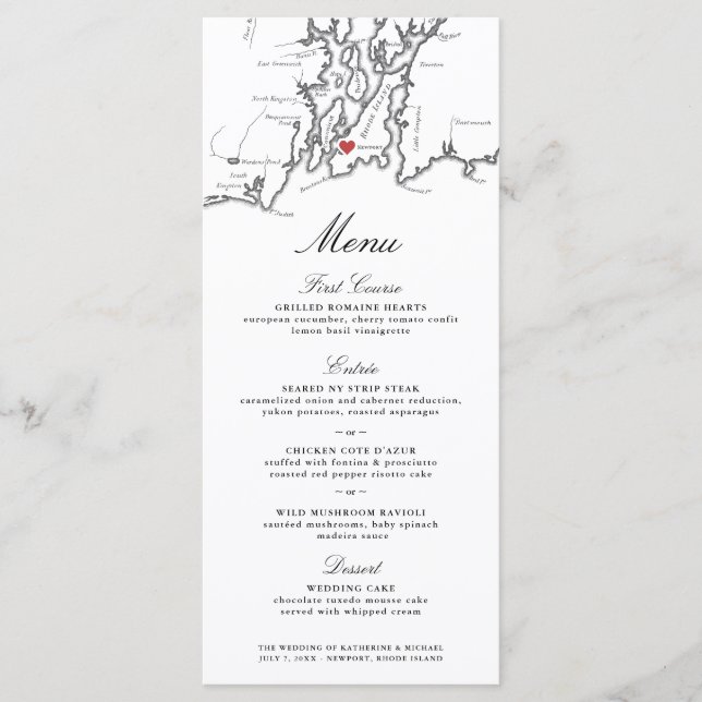Menú Mapa de Newport RI Elegante Boda blanco y negro (Anverso)