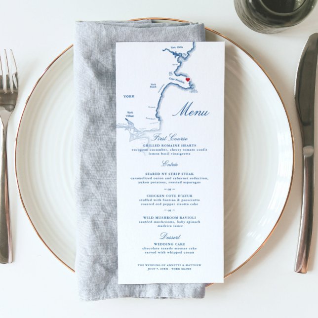 Menú Mapa de York Boda elegante de escritura de la mari (These York Beach Maine wedding menus are perfect for your wedding at the view point hotel)