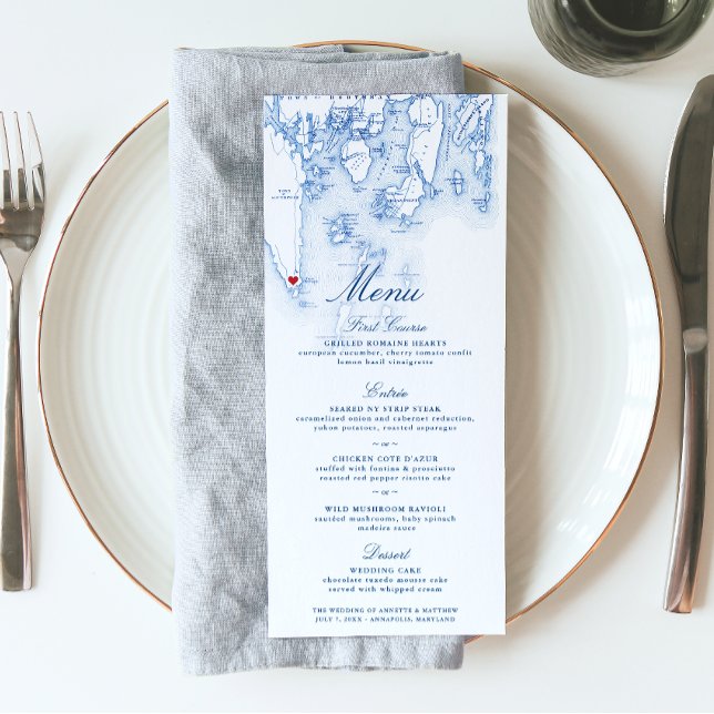 Menú Mapa del puerto de Boothbay de Southport con guión (These Navy Blue Southport Maine wedding menus are perfect for your destination wedding to Boothbay)