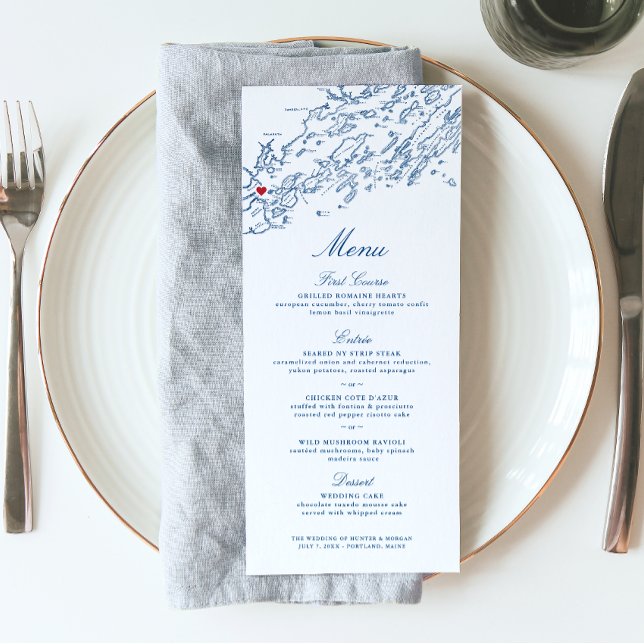 Menú Mapa elegante de marina del Portland Maine Casco B (These navy blue Portland Maine wedding menus are perfect for your destination wedding in Casco Bay)