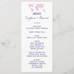 Menú Mapa mundial de acuarela de boda de destino