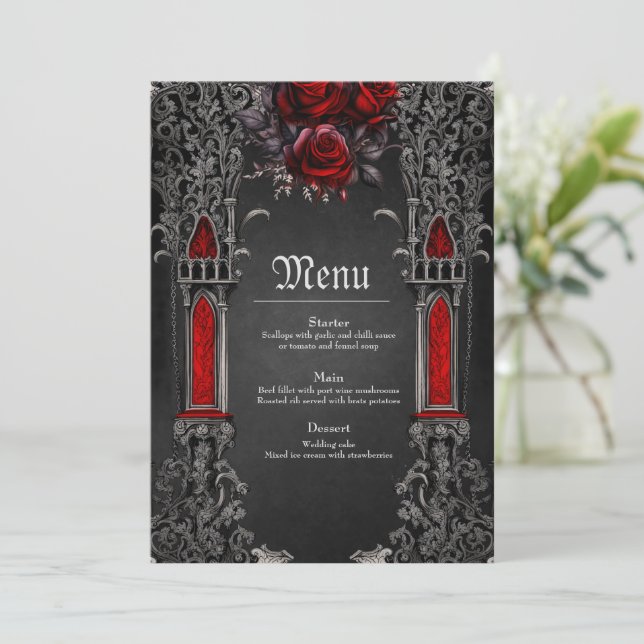Menú Maravilloso diseño boda gótico oscuro. (Anverso de pie)