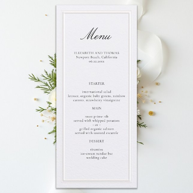 Menú Marco Clásico Moderno Formal Perla Boda Elegante (formal wedding menu modern classic pearl white double frame calligraphy)