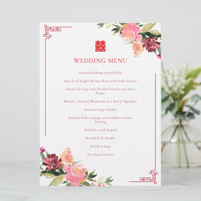 Menú Marco de acuarela de flor doble xi boda china (Anverso de pie)