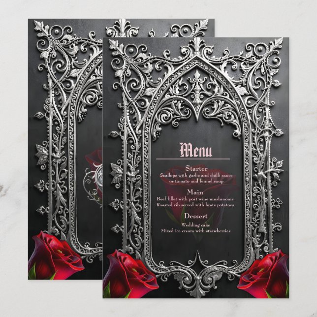 Menú Marco de Rosa Gótica Elegante para Bodas (Anverso / Reverso)