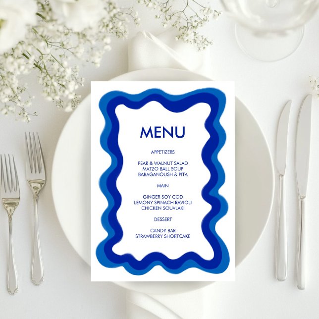 Menú Marco ondulado Moda moderna Personalizado azul Bar (Wavy Frame Modern Chic Blue Custom Bar Bat Mitzvah Menu
)