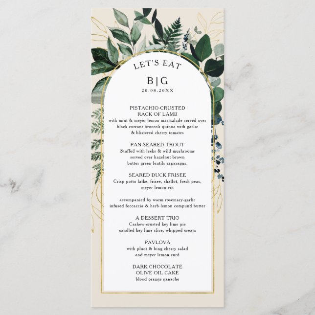 Menú Marfil beige elegante Arco botánico moderno Me de  (Anverso)