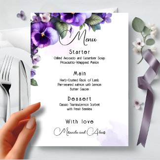Menú Marfil morado y plateado floral