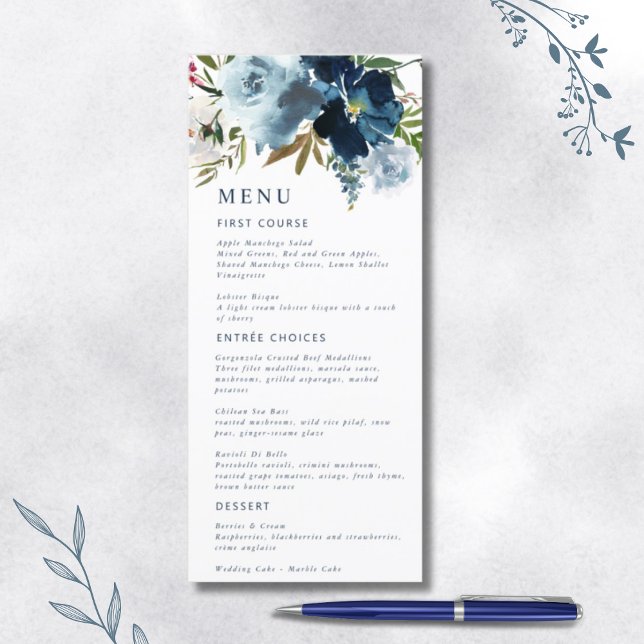 Menú Marina y Dusty Blue Elegent acuarela floral (Subido por el creador)