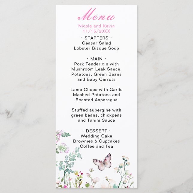 Menú Mariposa Floral Verde de Primavera Boda (Anverso)